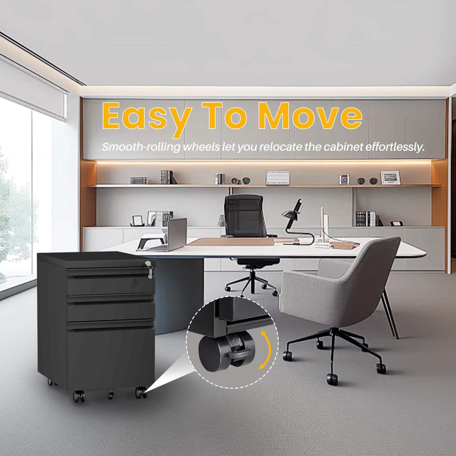 3-Drawer Mobile Metal File Cabinet with Lock