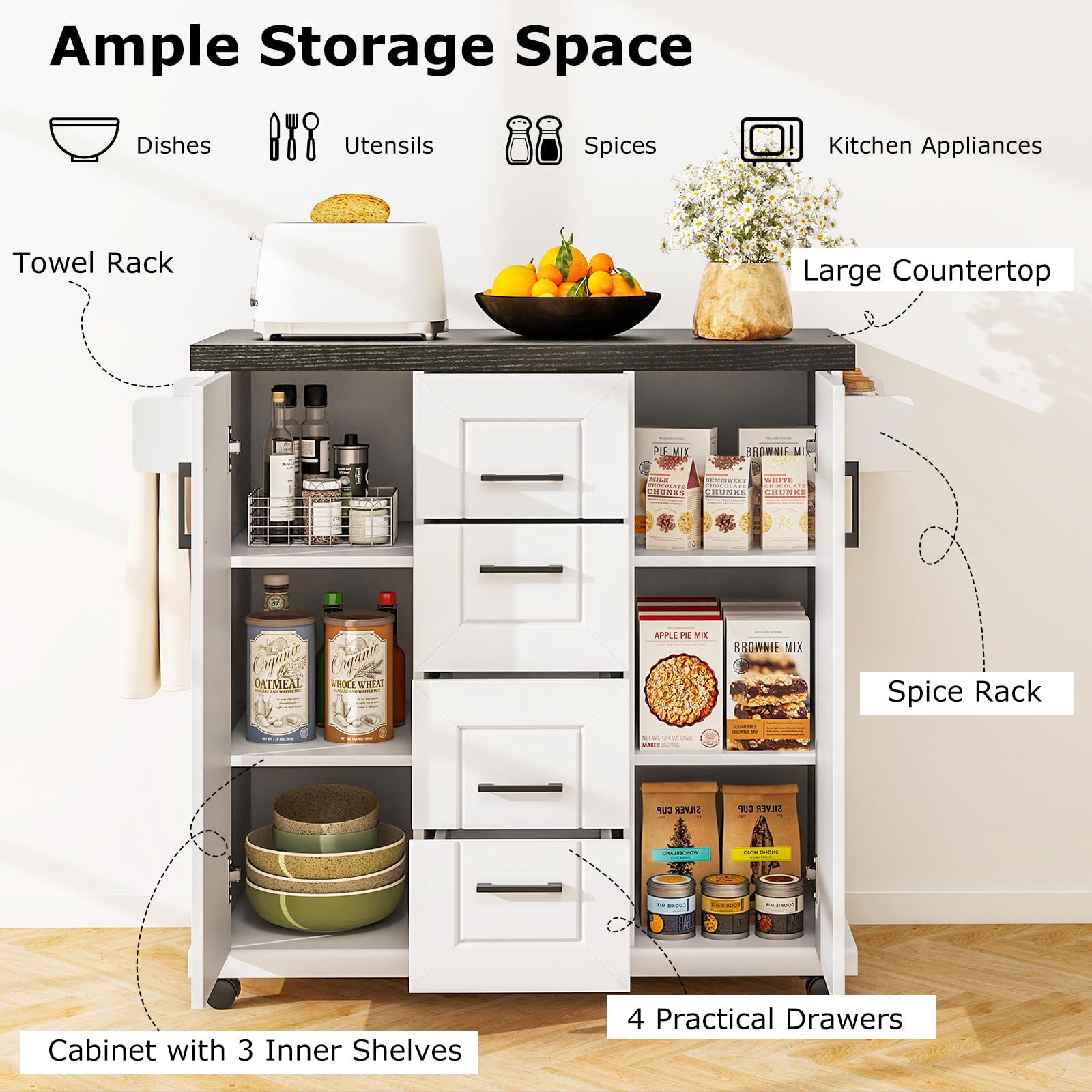 GOFLAME Kitchen Island Cart on Wheels, Rolling Kitchen Cart with Storage Cabinets, 4 Drawers, Towel Rack and Spice Rack, Mobile Serving Trolley Cart for Kitchen, Dining Room, White