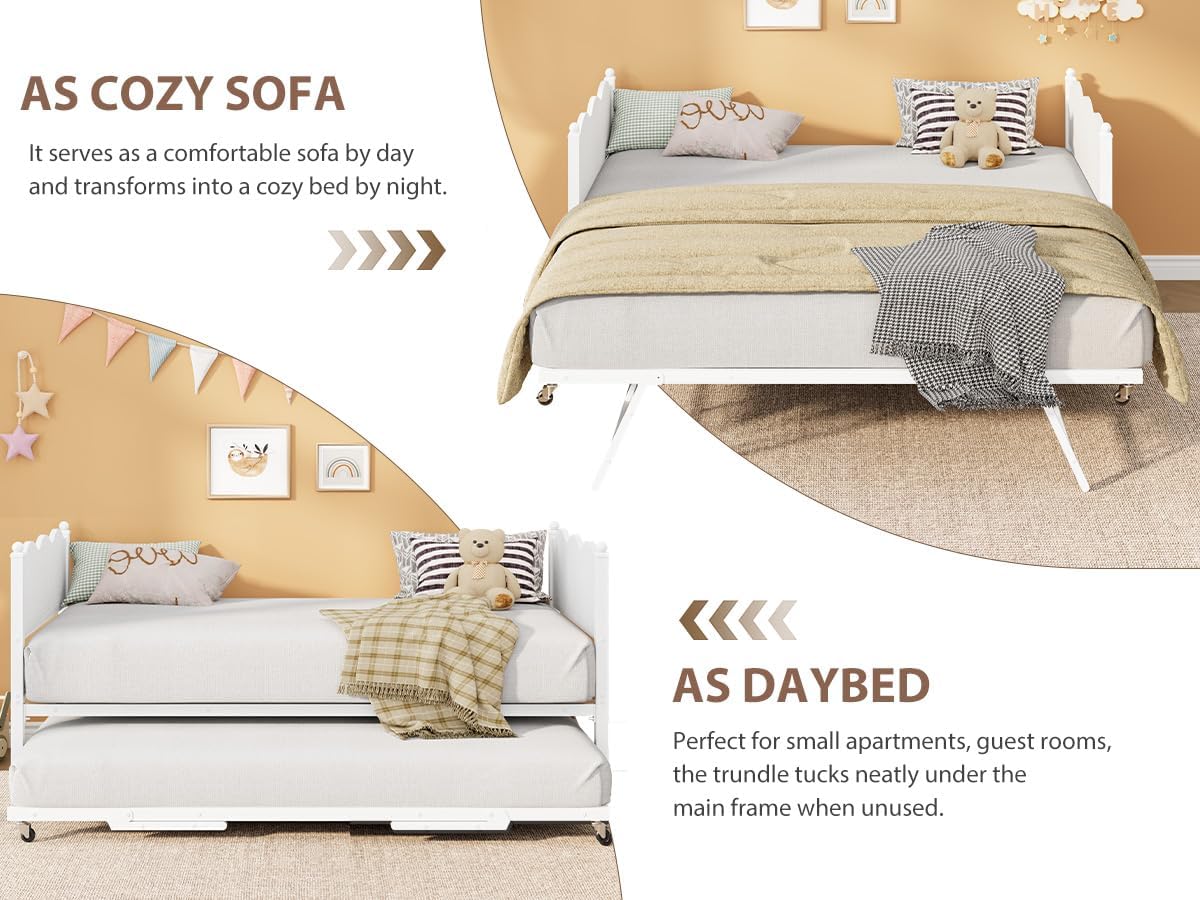 Garvee Twin Daybed with Trundle, Day Bed with Industrial Wood Grain Headboard, Steel Slats Support & Lockable Casters, Space-Saving & Multifunctional, Easy Assembly for Living Room, Bedroom, White