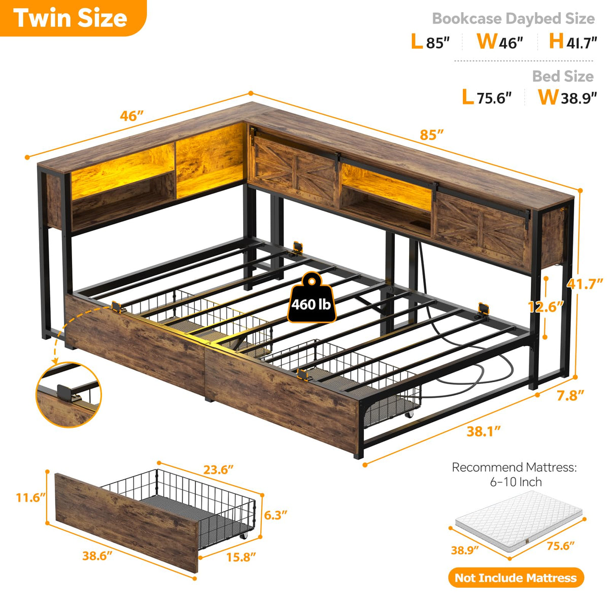 Homieasy Corner Bed Frame with Drawer, Storage Shelf, Bookcase, Outlet, LED