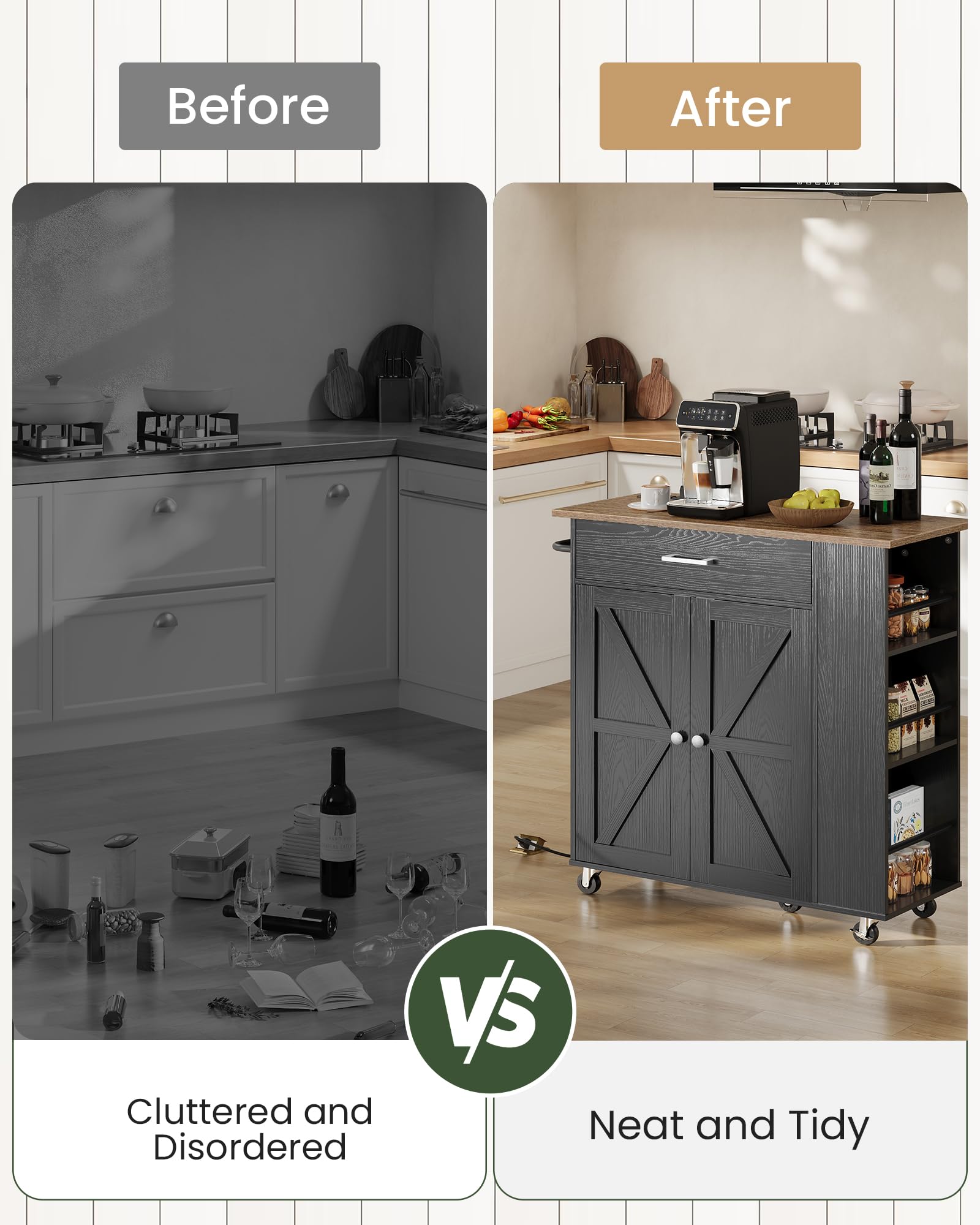 CHOEZON Kitchen Island Cart with Storage, Bar Cart with Charging Station, Kitchen Island on Wheels, Rolling Mobile Table with Cabinet, 3 AC Outlets, Black and Walnut MZD04UBL