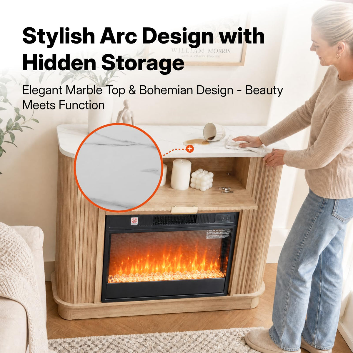 NORTHSKY 39" Farmhouse Electric Fireplace with Mantel, 23" Insert 9‑Color LED Crystal Flame Effect, Freestanding Curved Fluted Wood Fireplace Heater W/Storage&Remote Control for Living Room Bedroom