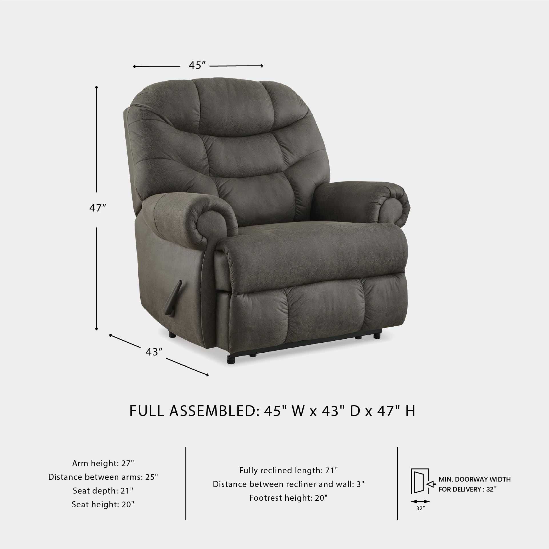 Signature Design by Ashley Camera Time Classic Tufted Faux Leather Zero Wall Recliner, Gray