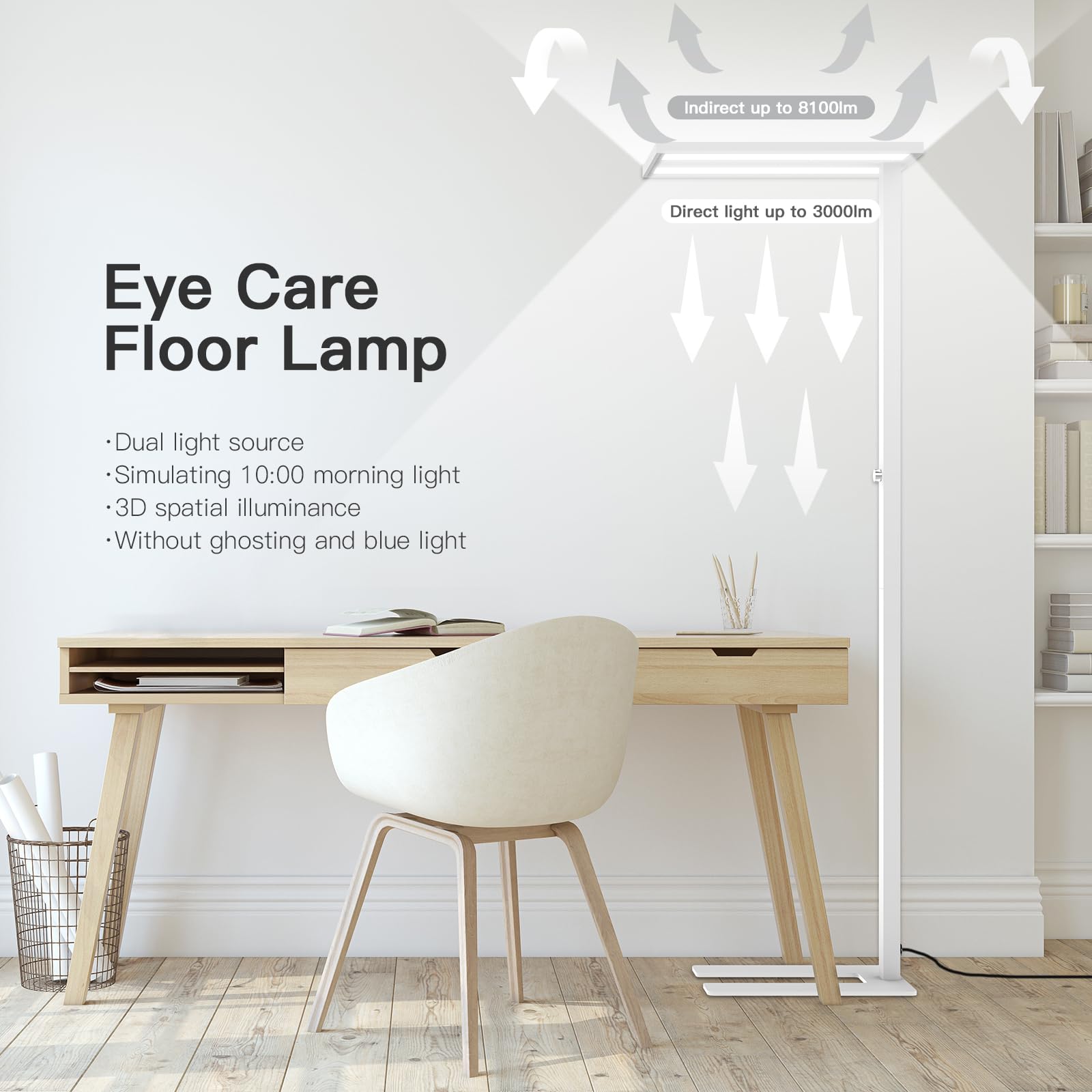 STERREN 76" Led Floor Lamp, 105W White Modern Free-Standing Lamp,11100LM Dimmable Eye-Care Tall Reading Lamp for Reading Study Room,Office,Meeting Room,4000K Natural Daylight