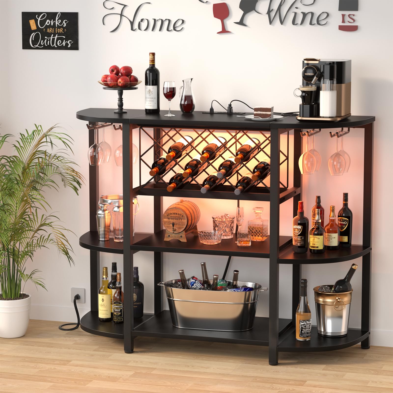 Bar Cabinet with LED Lights & Power Outlets – 4-Tier