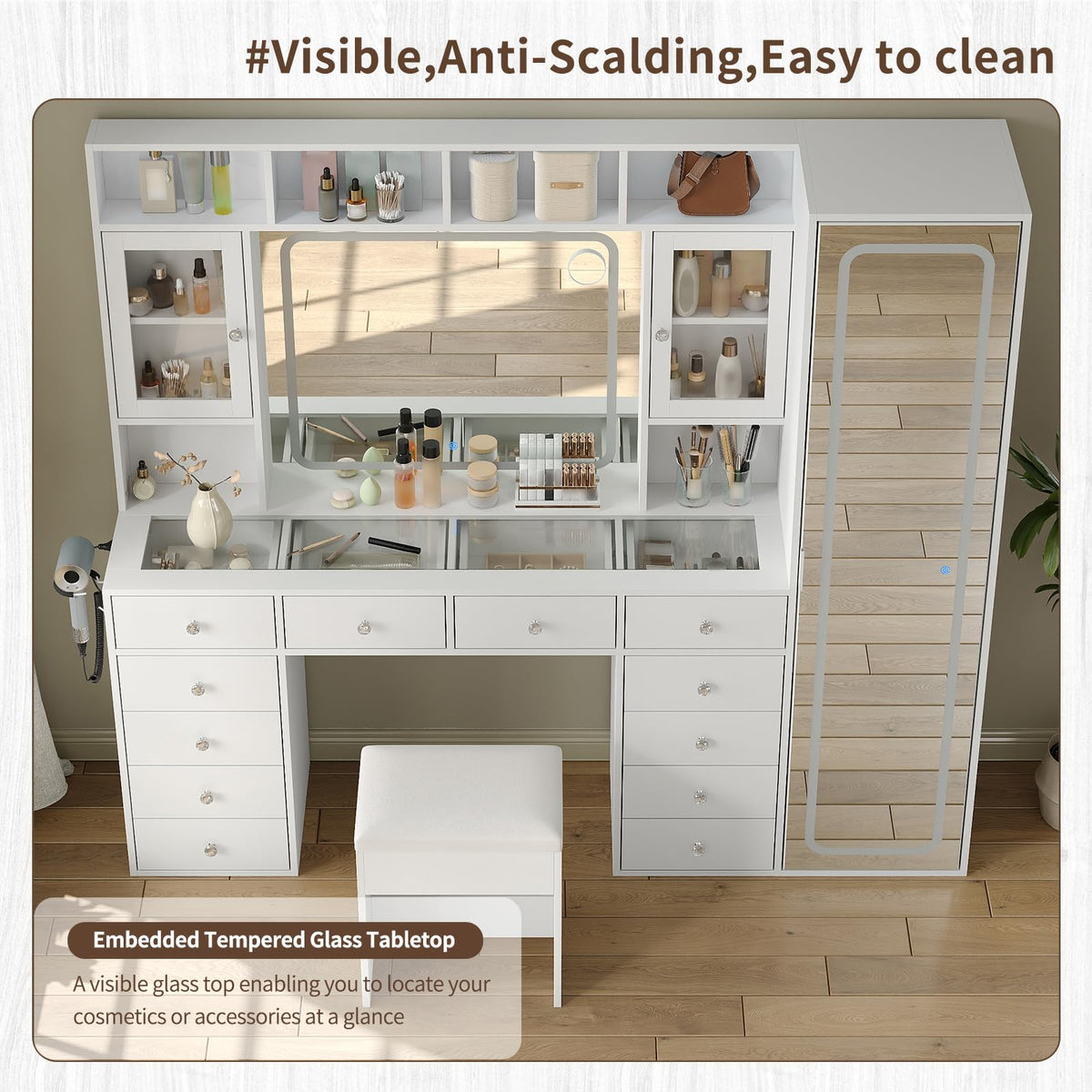 White LED Makeup Vanity with 12 Drawers