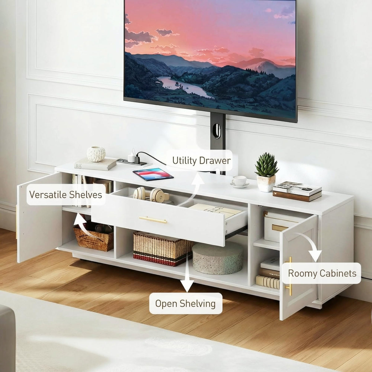 RALGEND 59" Modern TV Stand with Mount and Power Outlet, Swivel TV Stand for 32/55/65/75 inch TVs, Height Adjustable LED Entertainment Center, Media TV Console Table for Living Room, Bedroom, White