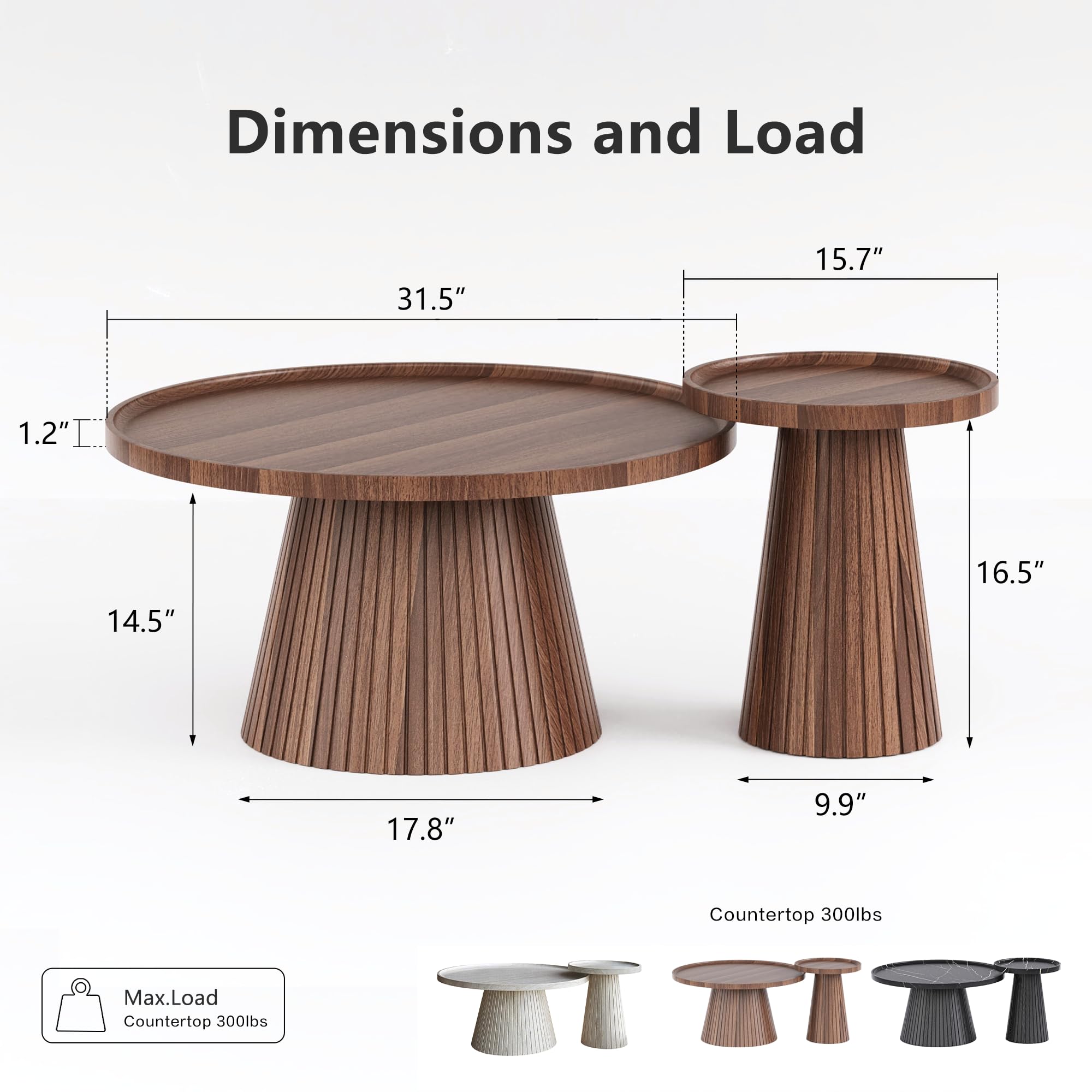 win2win Nesting Coffee Table Set of 2, Mid Century Modern Coffee Table with Wood Grain Veneer, Fluted Round Tea Table and End Table Set, Minimalist Center Tables for Living Room, Office, Walnut