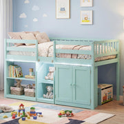 Twin Size Low Loft Bed with LED Lights, Storage Cabinet & Bookshelf