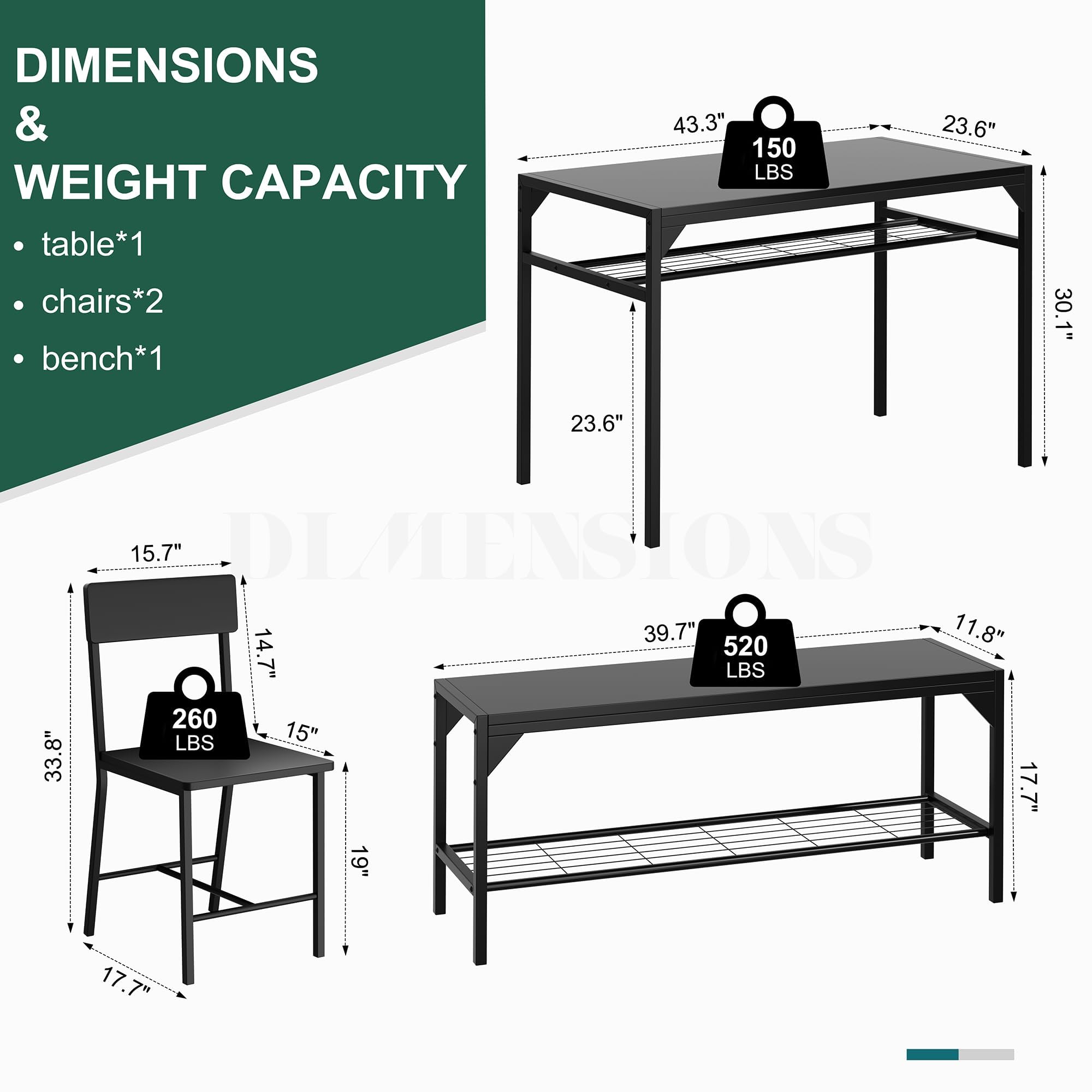 Shintenchi Kitchen Table Chairs Set of 4, Dining Table Set for 4 with Bench and Chairs, 4 Pieces Kitchen Table Set with Storage Rack & Metal Frame for Small Space, Solid Black