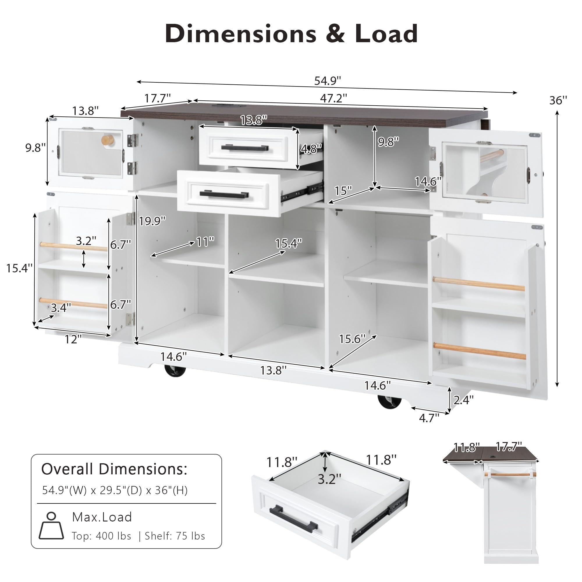 PurityVow 54.9" Rolling Kitchen Island with Drop Leaf, Power Outlet, Kitchen Storage Cart with 4 Door Shelves, Cross Barn Doors & Visual Glass Door, Kitchen Island Table On Wheels for Kitchen (White)