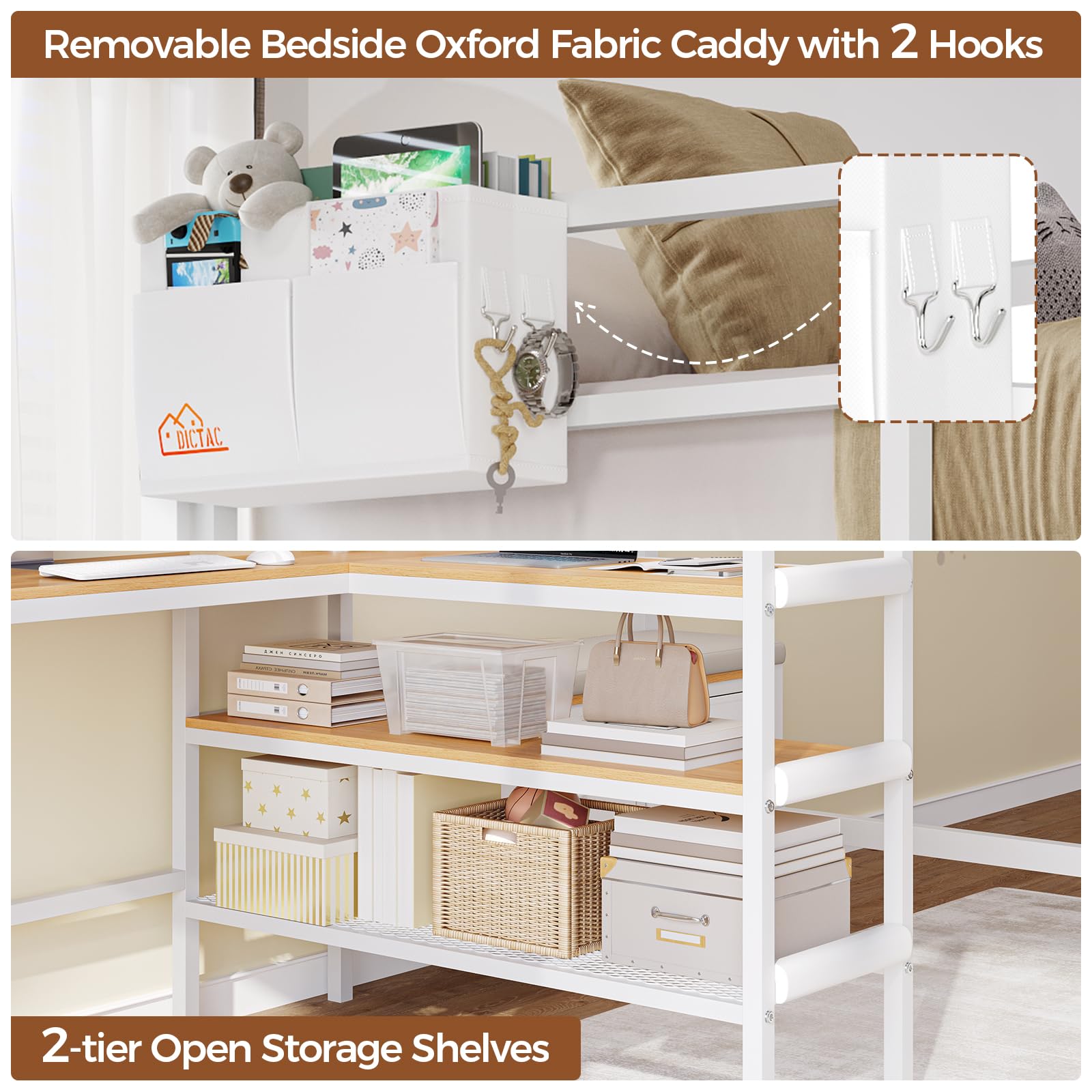 Twin Loft Bed with L-Shaped Desk & LED Lights