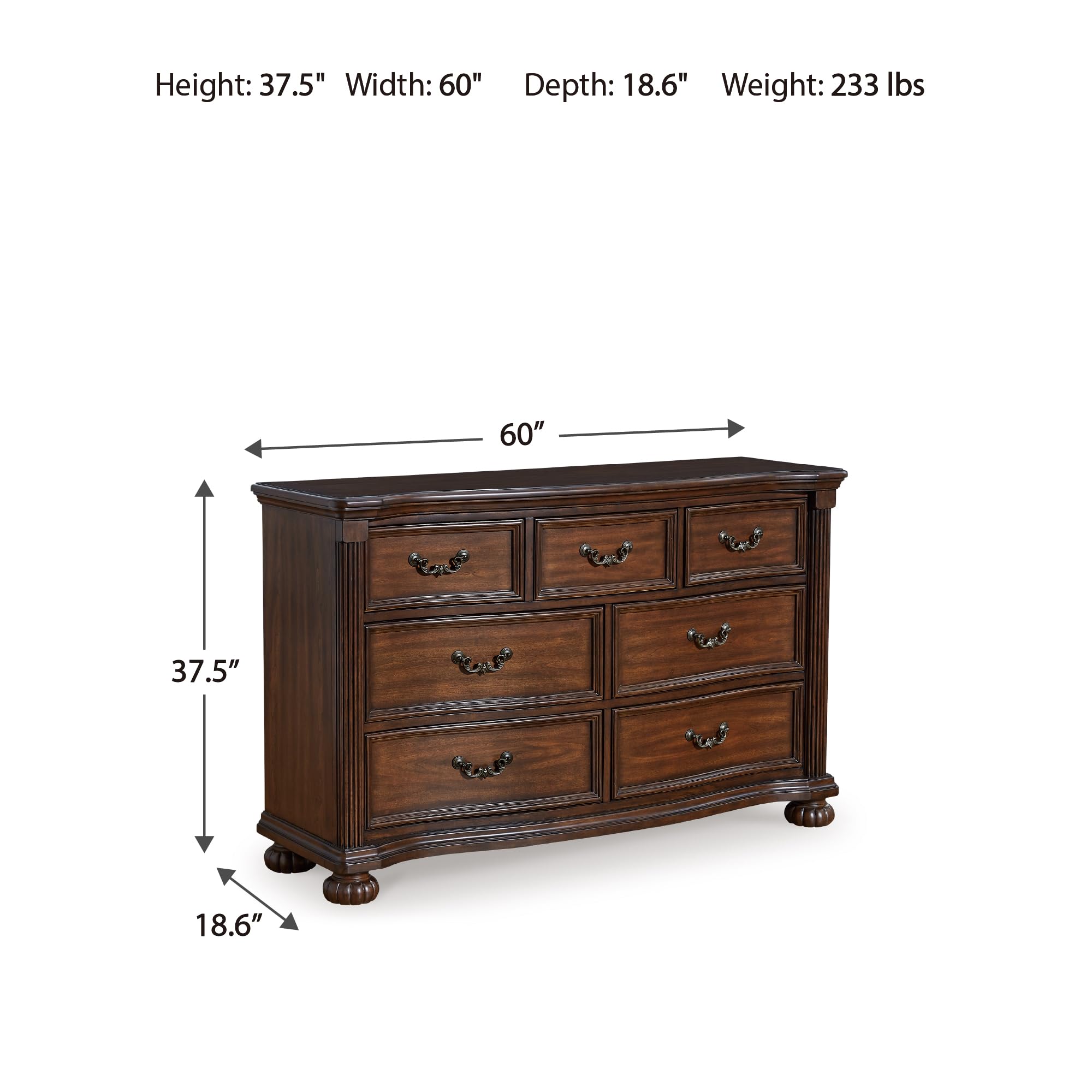 Signature Design by Ashley Lavinton Traditional Dresser with 7 Smooth-Gliding Drawers and Felt-Lined Top Drawer for Bedroom, Dark Brown, 60' W x 18.63' D x 37.5' H