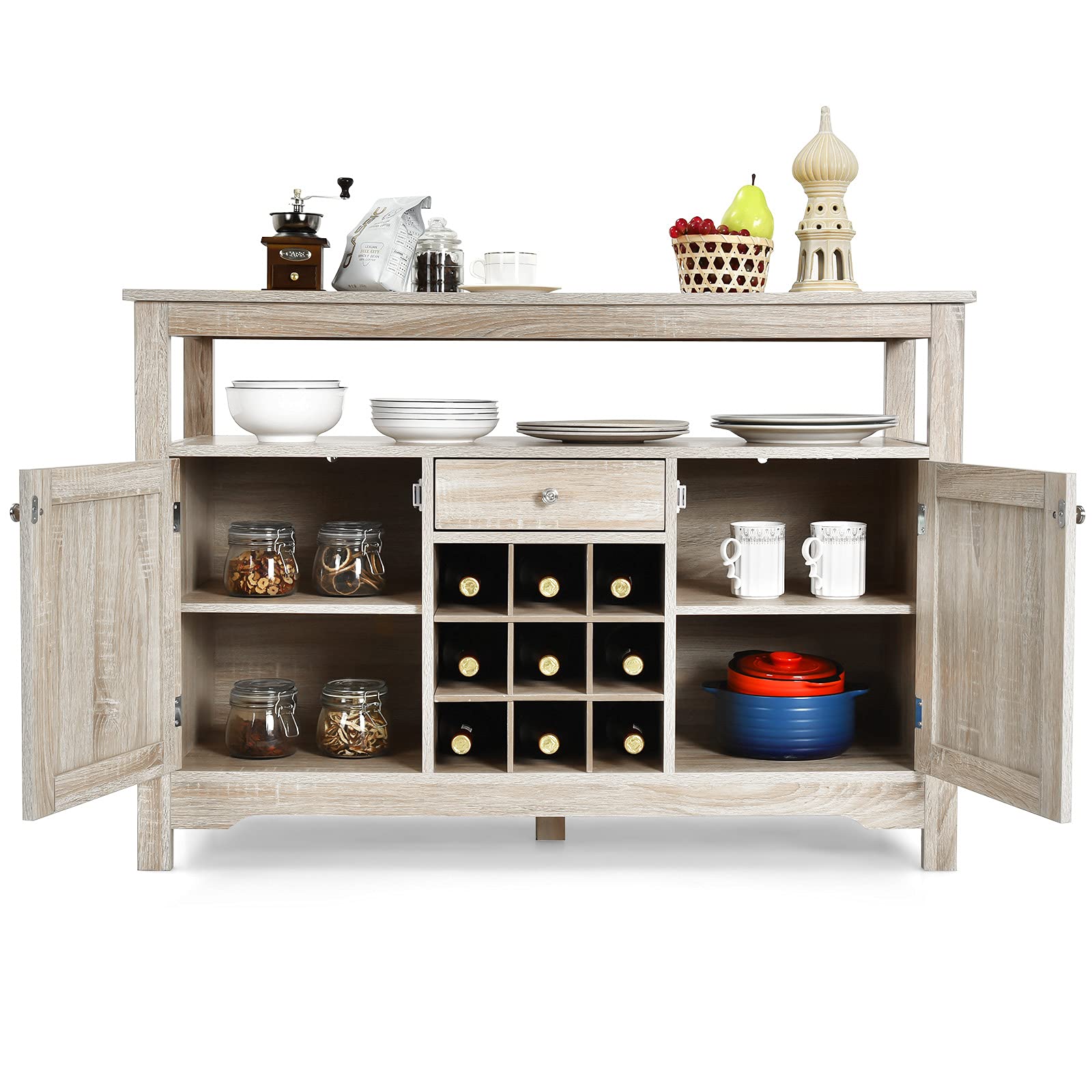 Giantex Buffet Server Sideboard, Console Wood Dining Table, Cupboard Table with 2 Cabinets, 1 Drawer and 9 Wine Cabinets, Storage Organizer Kitchen and Dining Room (Gray)