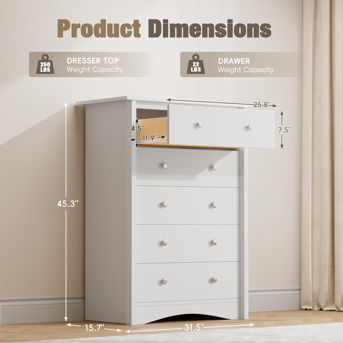 Furmax Tall Dresser, 5 Drawer Dresser for Bedroom, White