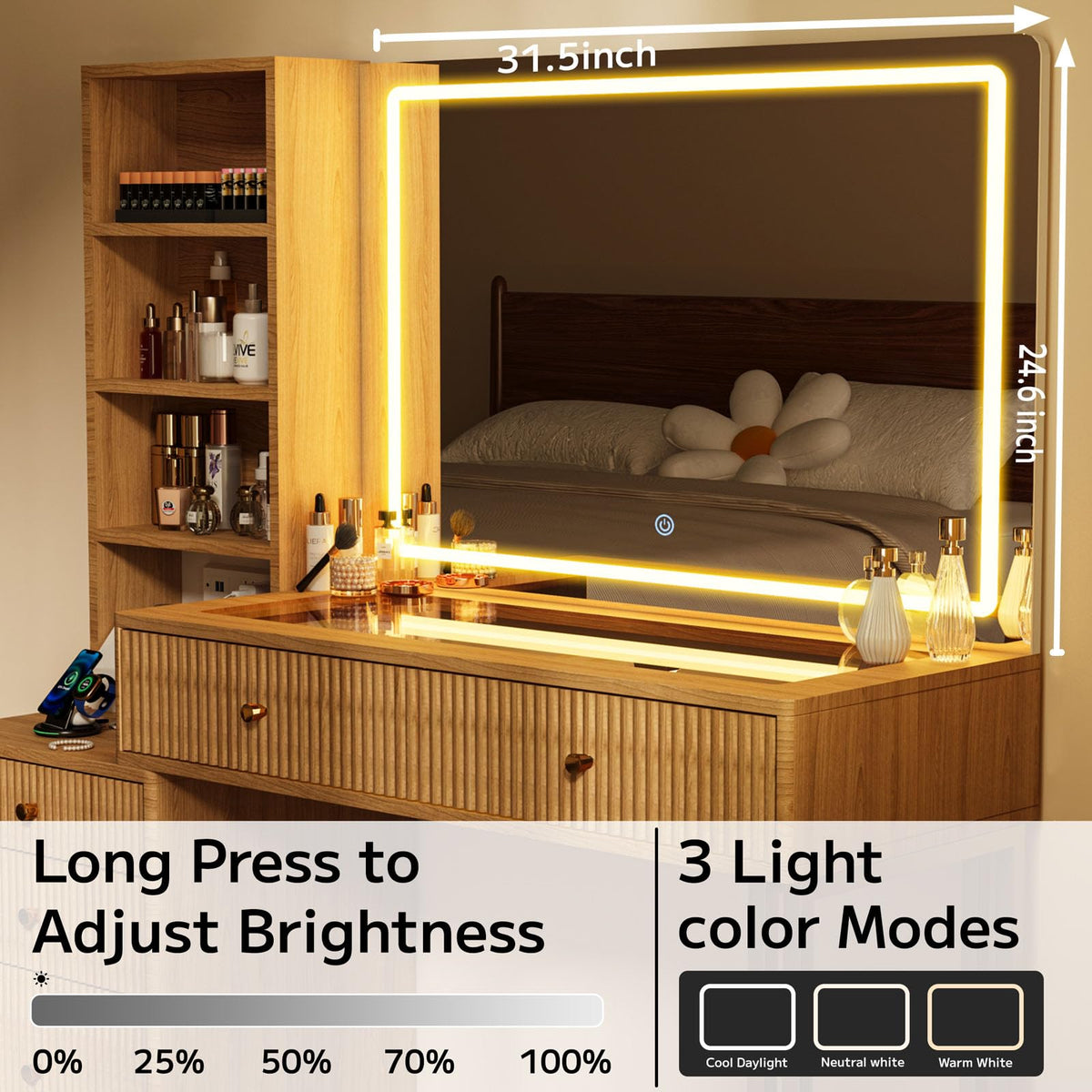 Fluted Vanity Desk with LED Mirror
