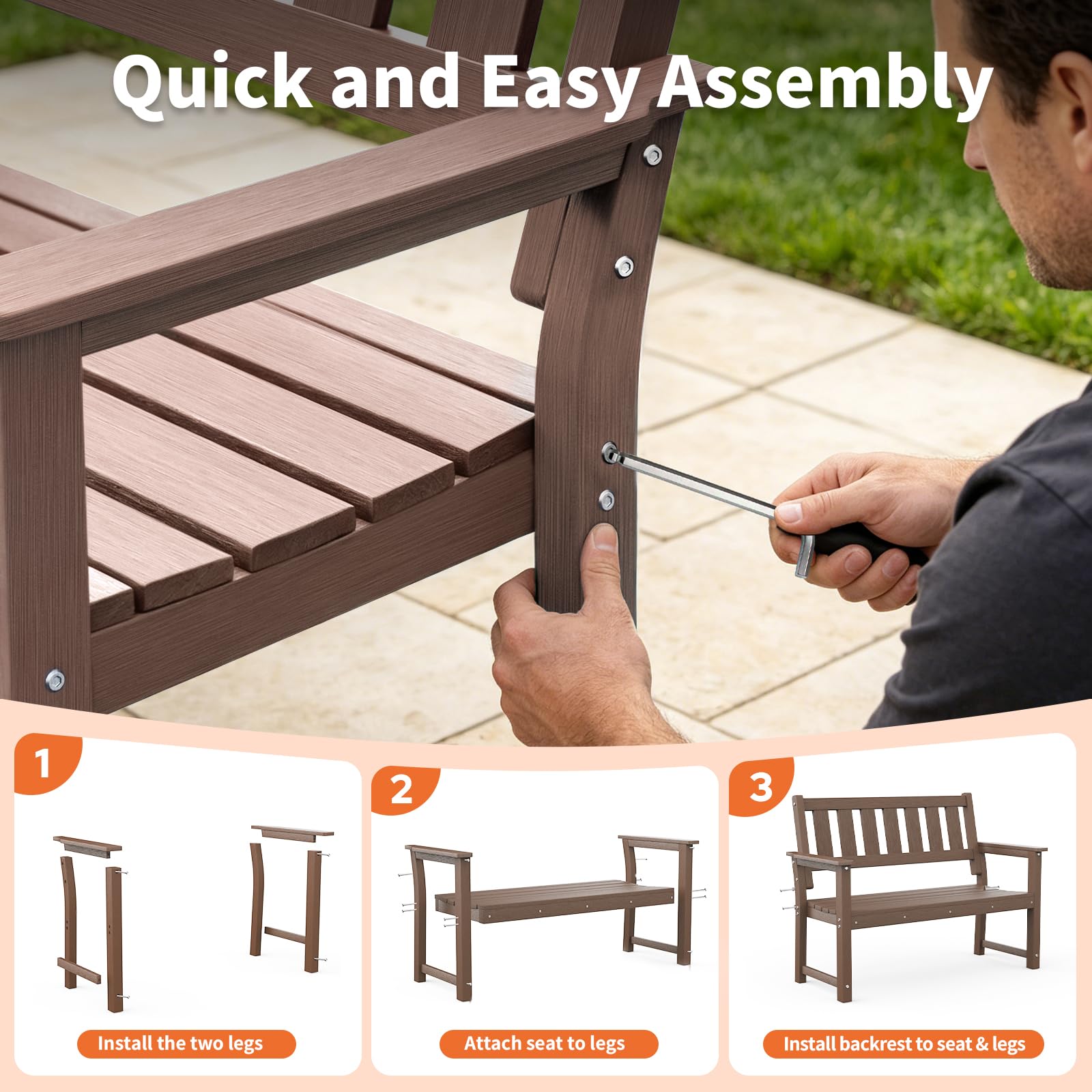 ACUEL 50" HDPE Outdoor Bench, 2-Person Poly Lumber Weatherproof Patio Garden Bench Seating with 800 lbs Weight Capacit, Bench for Porch, Backyard, Lawn, Park, Balcony and Church Furniture (Brown)