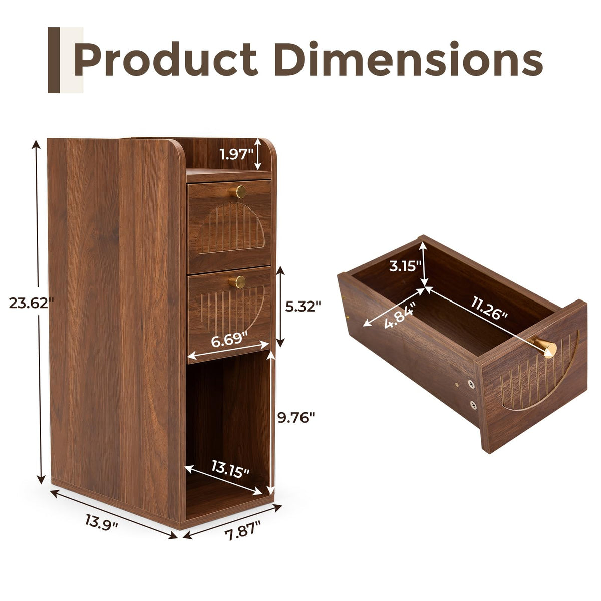 Micleed Narrow Nightstand Set of 2, Bedside Table with 2 Drawers, Walnut