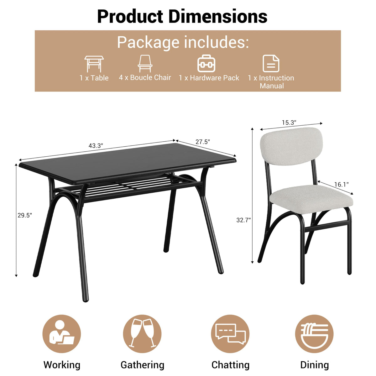 Tedyle Dining Table Set for 4, Modern Kitchen Table & Chairs Set of 4 with Storage Shelf, Rectangular Dining Table with 4 Upholstered Chairs for Breakfast Nook, Dining Room, Kitchen, Black