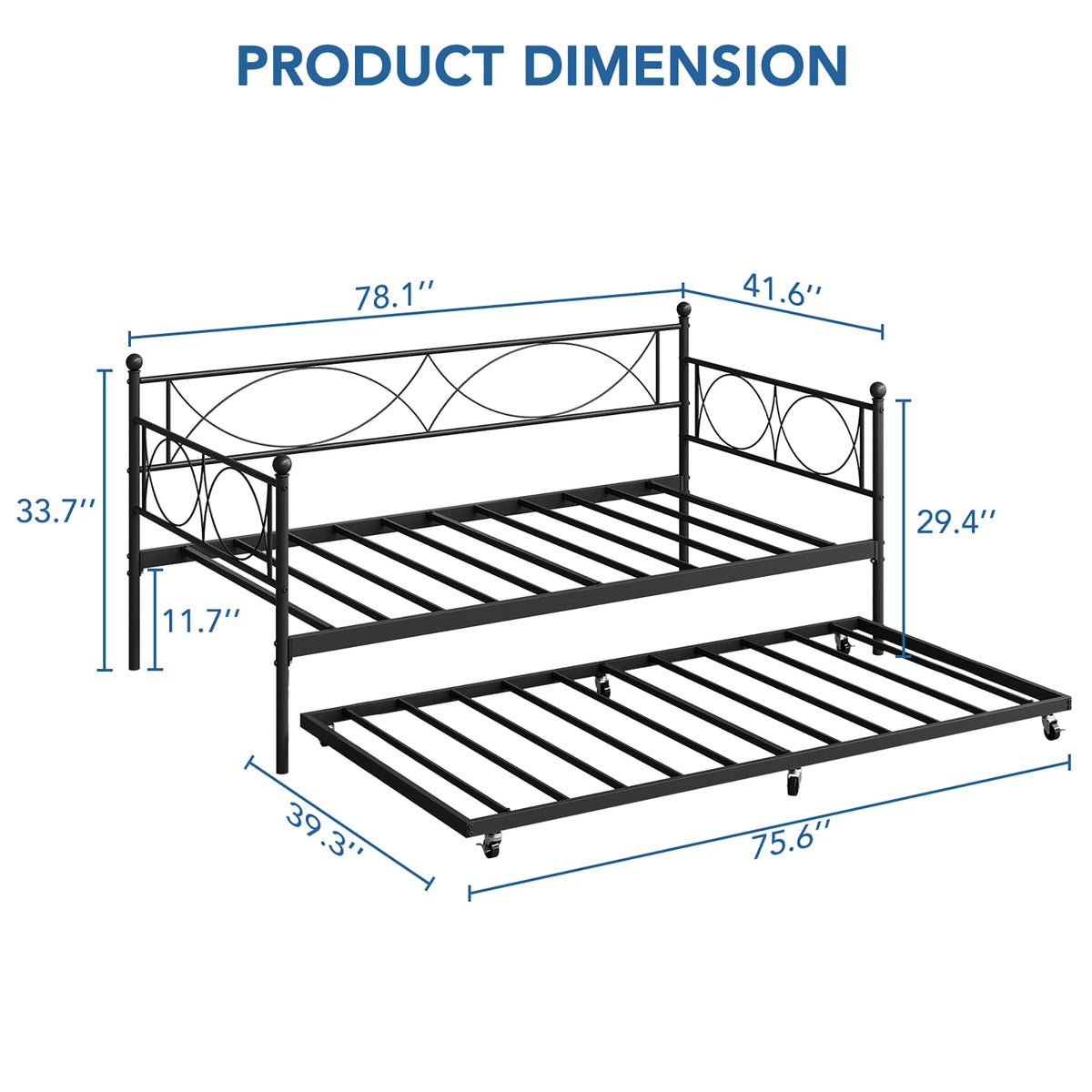 IDEALHOUSE Metal Twin daybed with Trundle with Steel Slat Support