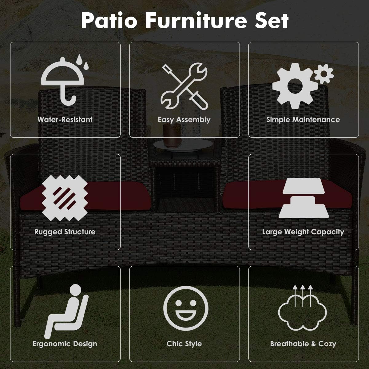 Outdoor Wicker Loveseat Sofa Set with Built-In Coffee Table