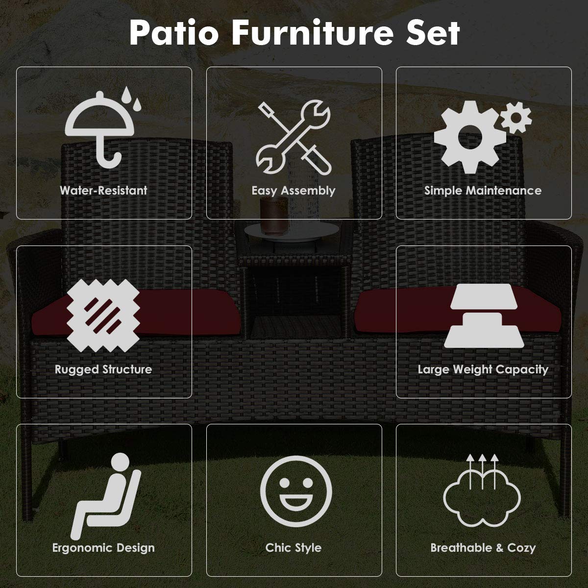 Outdoor Wicker Loveseat Sofa Set with Built-In Coffee Table