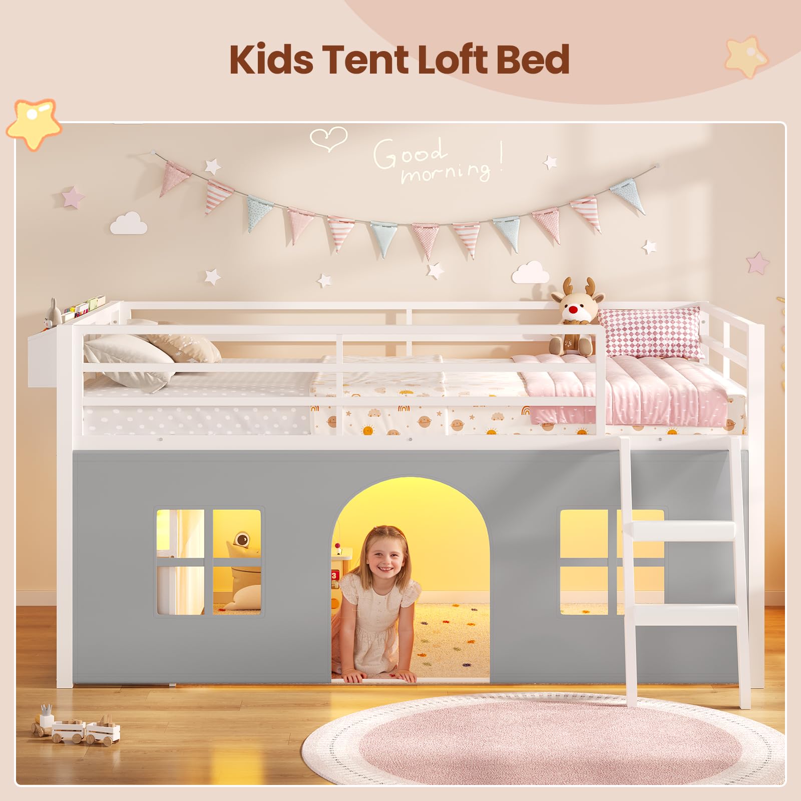 ADORNEVE Low Loft Bed Twin Size with Tent, 5 Storage Drawers, LED Lights, Metal Kids Loft Bed with Bookcase & Under-Bed Play Space,Twin Loft Beds with 13.8''H Safety Guardrail,Inclined Ladder, White