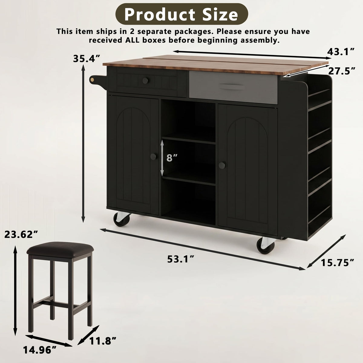 Ncoutaire Rolling Kitchen Island with Storage, Black
