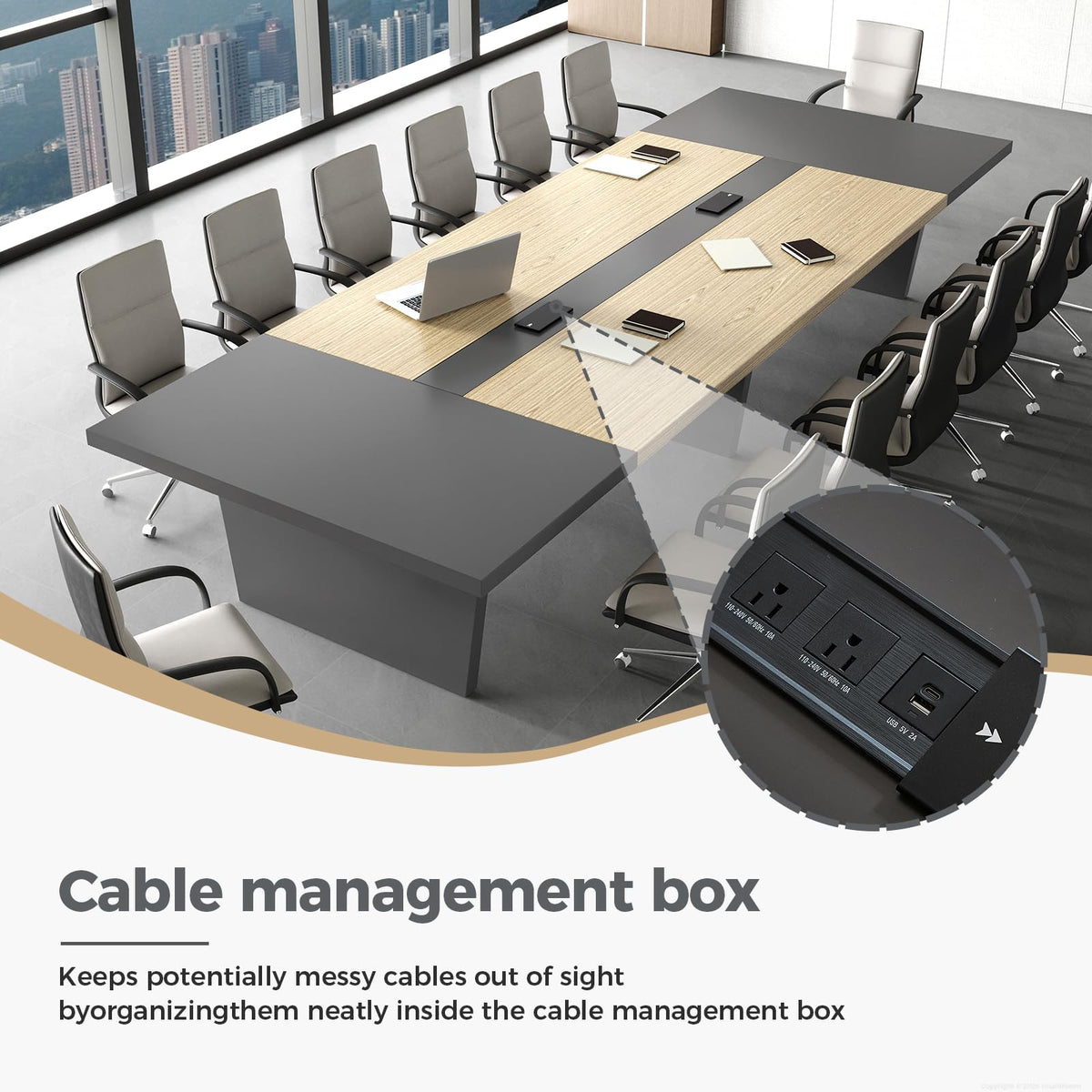 Huariifowm 10FT Conference Table for 8-10 People, Large Rectangular Boardroom Meeting Table with Built-in Power Outlets, USB-C Ports, 2" Thick Tabletop & Heavy-Duty Base, Oak + Gray