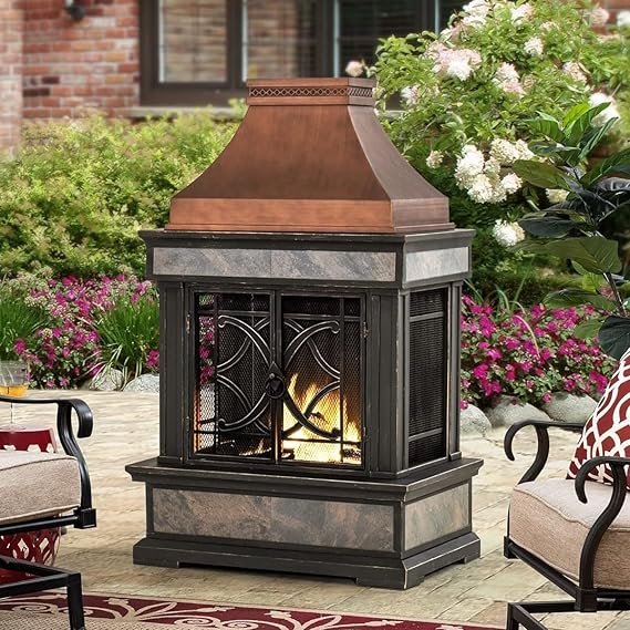 Outdoor Wood-Burning Fireplace with Chimney & Ceramic Tile