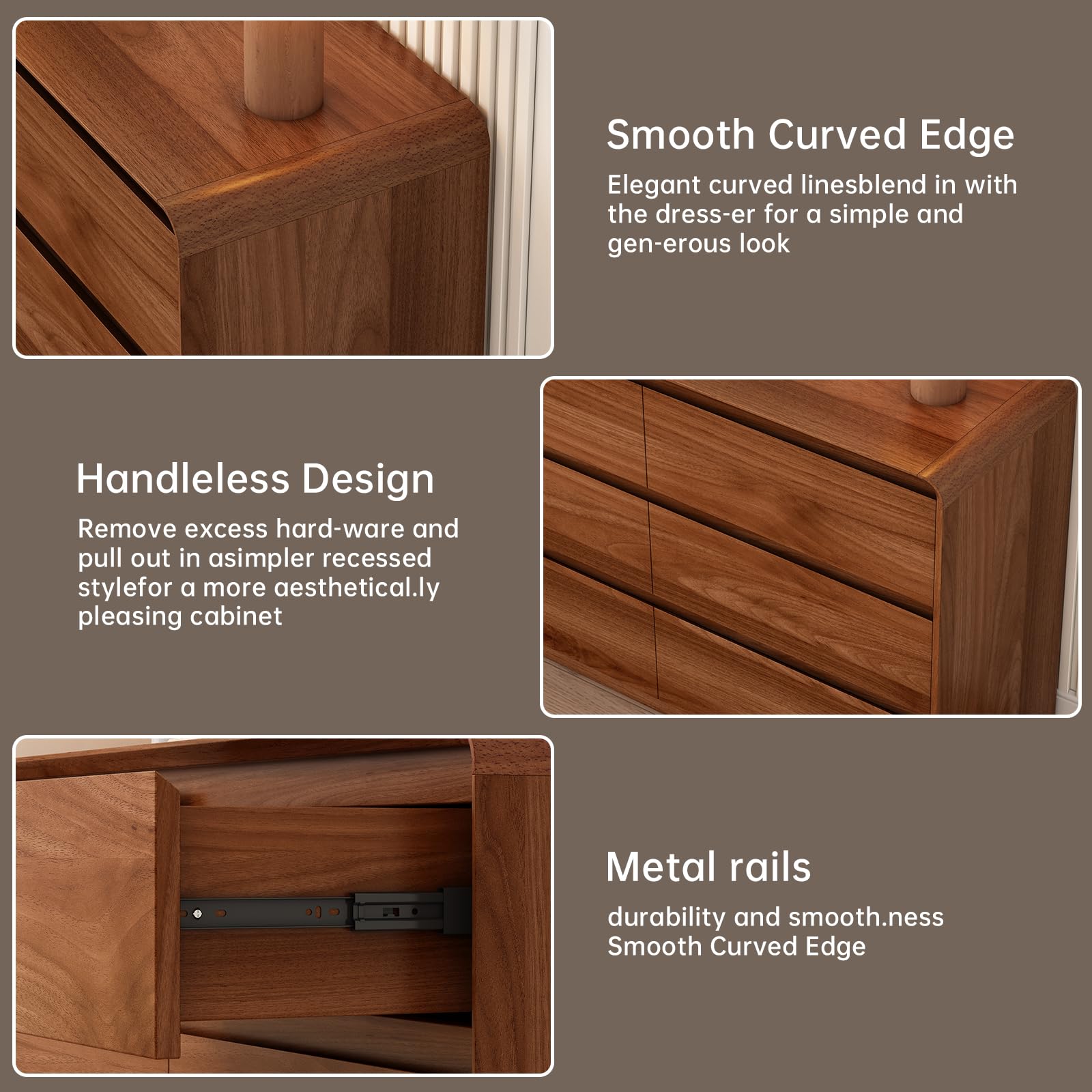 Lazeamo Modern 6 Drawer Dresser Storage Cabinet for Bedroom, Living Room, 47-Inch Wood Chest of Drawers, Curved Anti-Collision Design, Natural Texture.(Walnut)