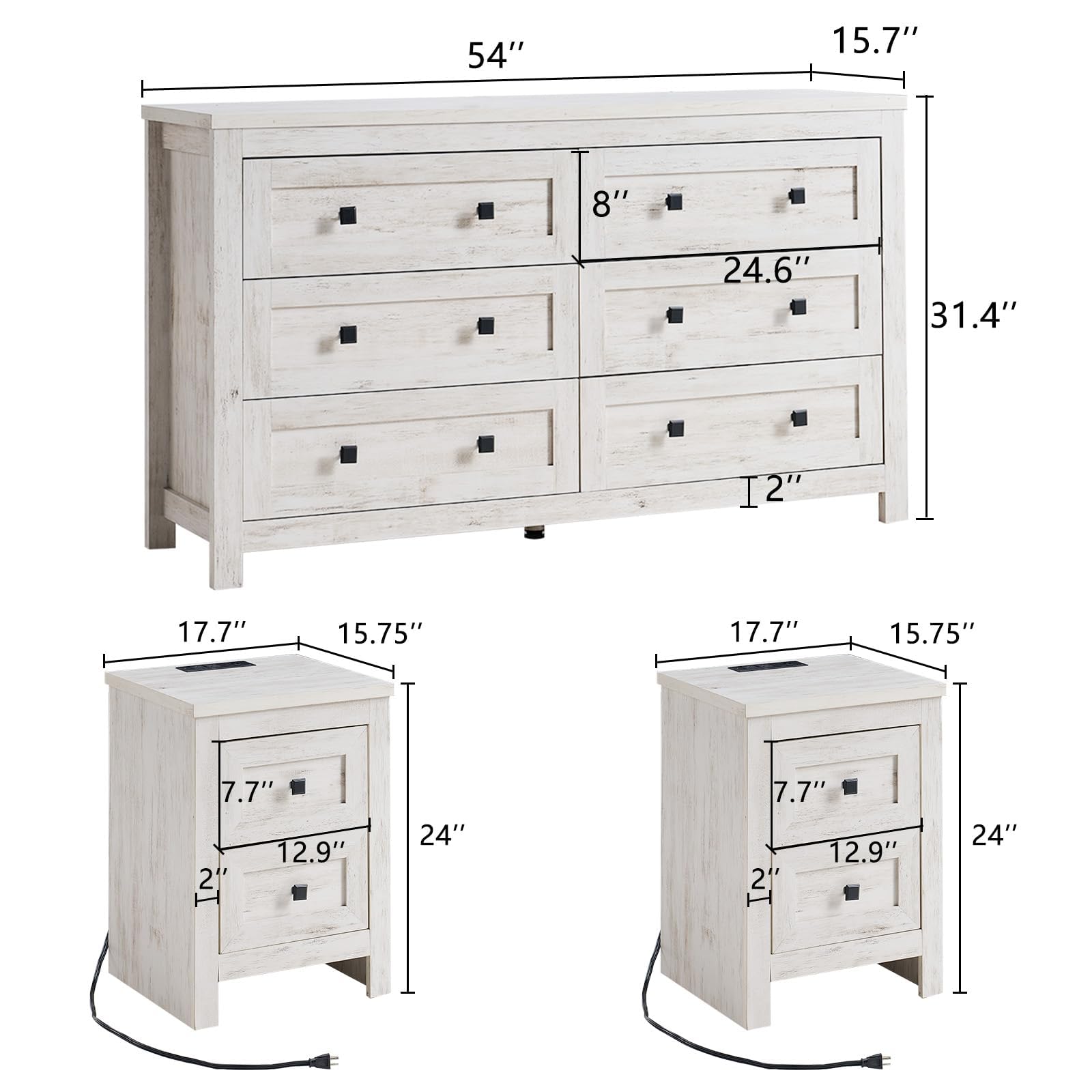 LUXOAK Bedroom Dresser and Nightstand 3 Piece Set, 1 X Wood Rustic 6 Drawer Storage Dresser, 2 X Farmhouse Nightstand with Charging Station, Farmhouse Bedroom Furniture Set, Rustic White