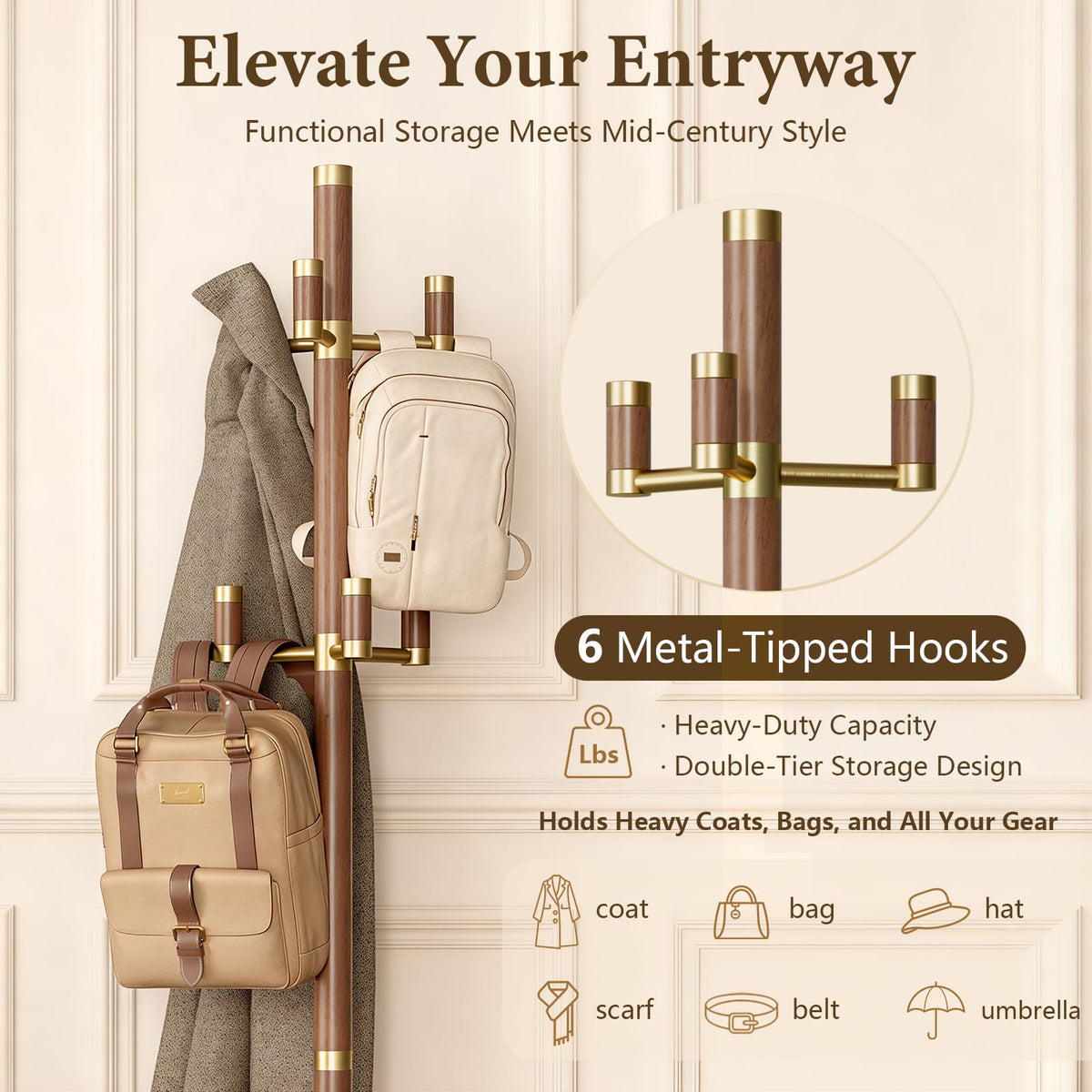 Solid Wood Coat Rack with 6 Hooks