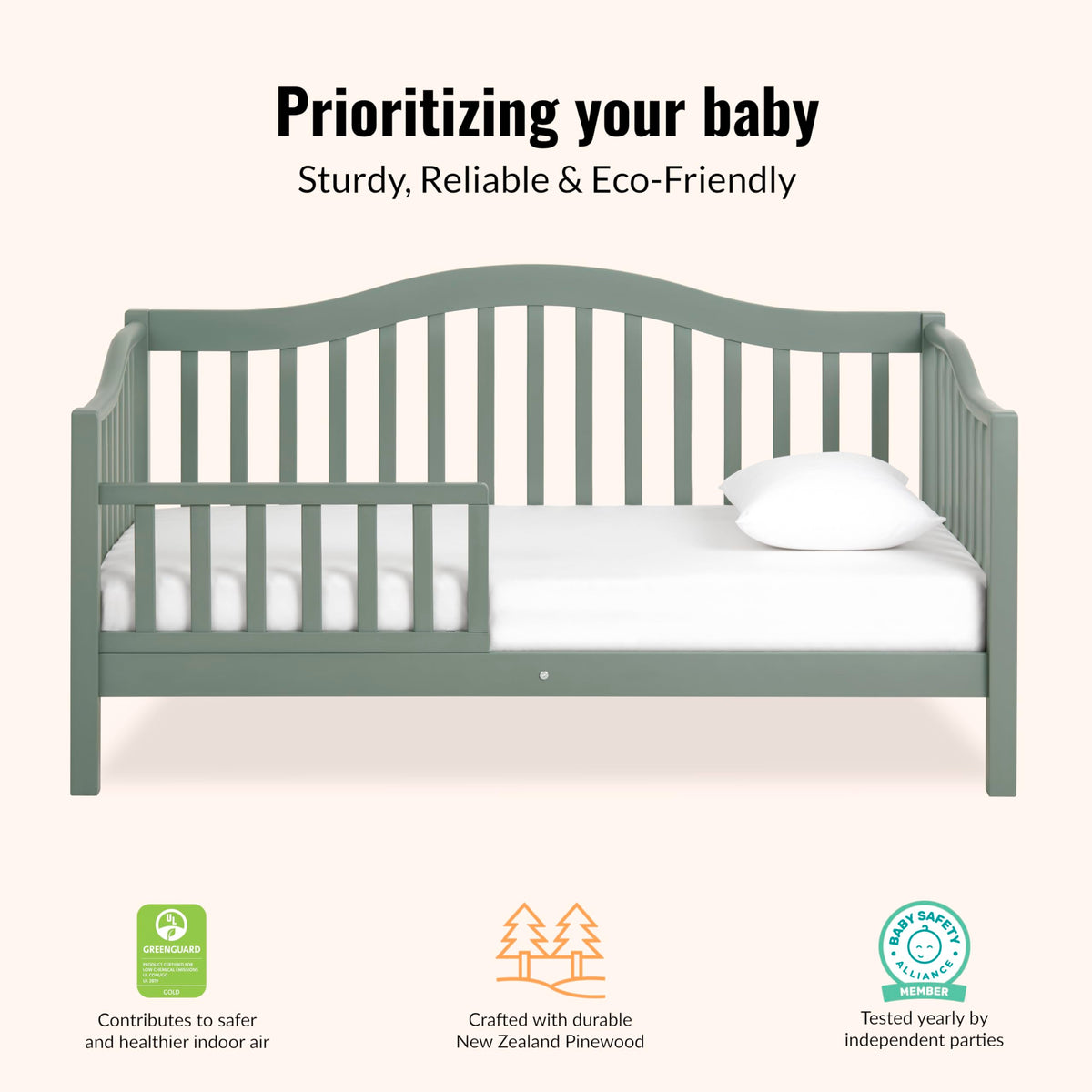 Dream On Me Austin Wooden Toddler Day Bed for Kids, Meadow Green