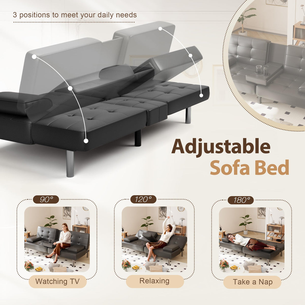 Shahoo Leather Convertible Futon Sofa Bed, Folding Sleeper Loveseat Couch