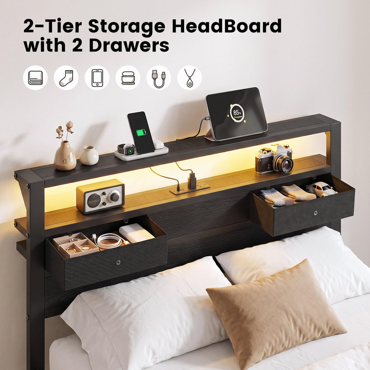 Kbun Full Size Bed Frame with 2 Fabric Drawers and Storage Headboard