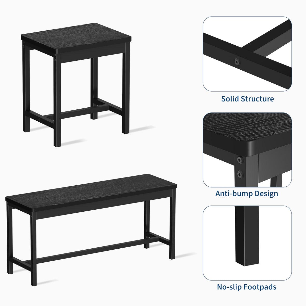 GarveeHome 5 PCs Dining Table Set for 6-8 People, 63 in Extendable Kitchen Table Set with 2 Benches and 2 Square Stools, Modern Dining Room Furniture Sets, Easy Assembly, Black