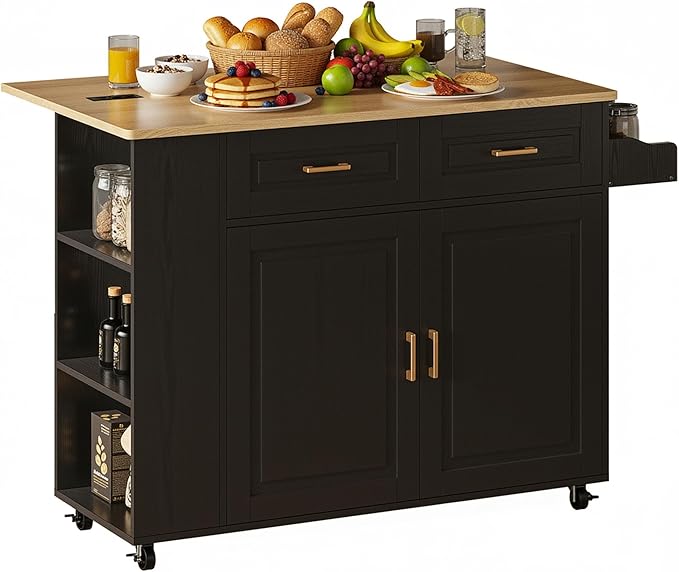 Kitchen Island with Power Outlet & Drop Leaf
