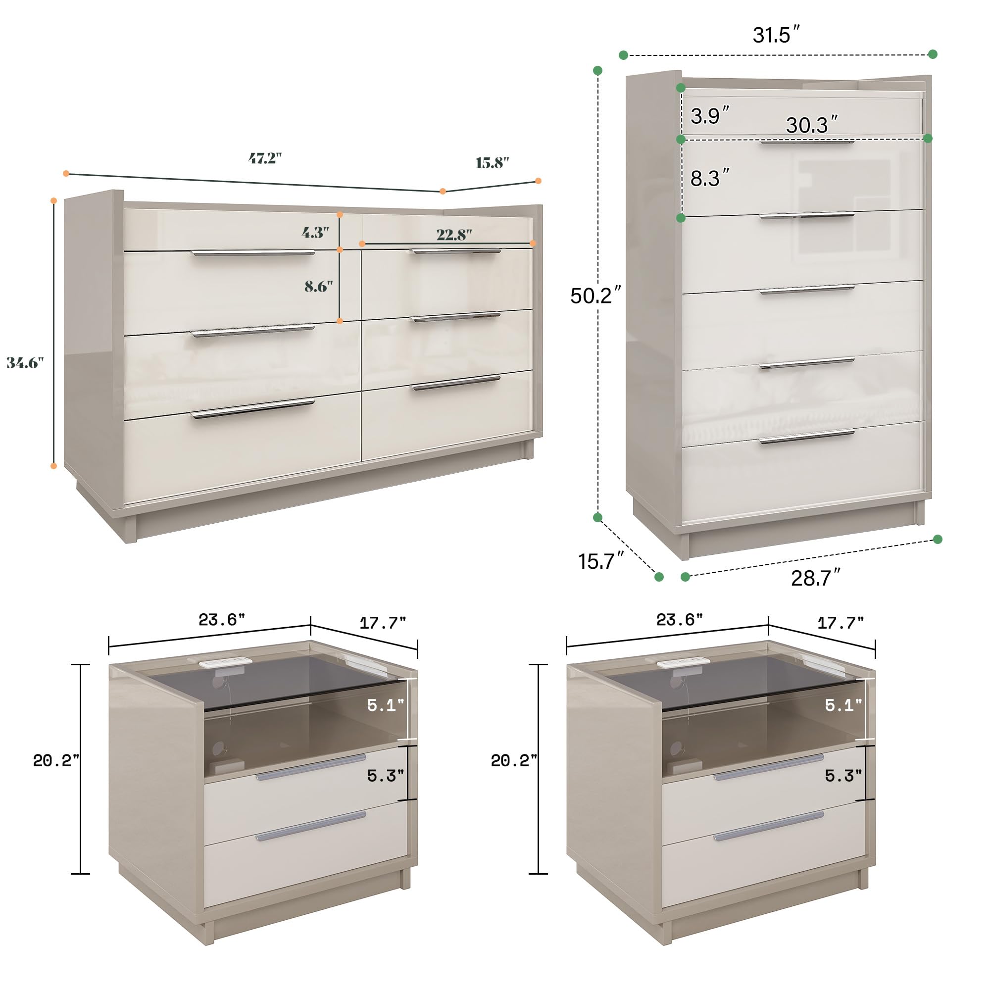 4-Piece Bedroom Furniture Set with Charging Nightstands, LED Dresser & Chest