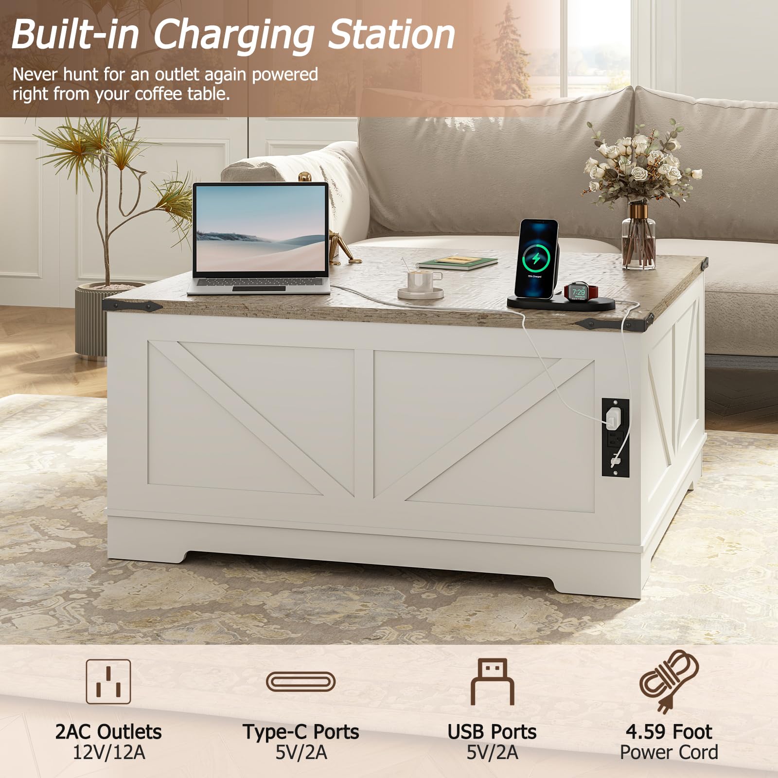 EAG 40" Large Farmhouse Lift Top Coffee Table with Hidden Compartment & Power Outlets, Square Wooden Coffee Table with Multi-Function Flip-Top Ample Storage Center Table for Living Room, White