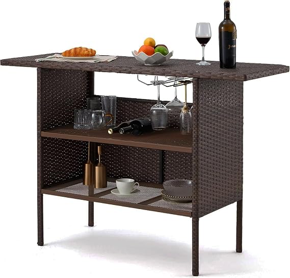 Outdoor Wicker Bar Table with Steel Shelves & Wine Glass Rack