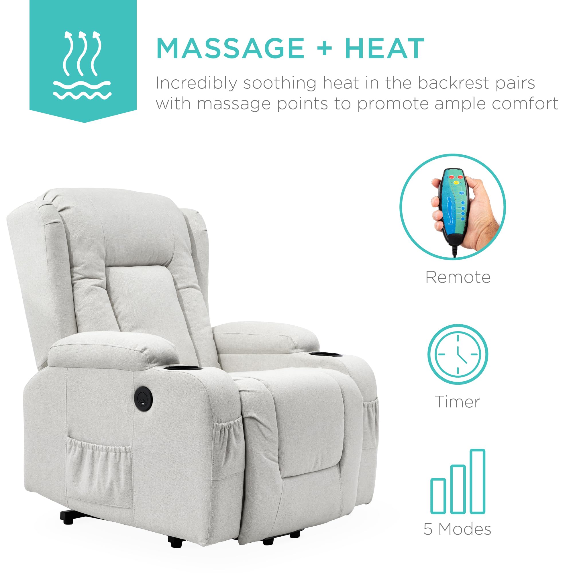 Power Lift Recliner Massage Chair with Heat & Cupholders