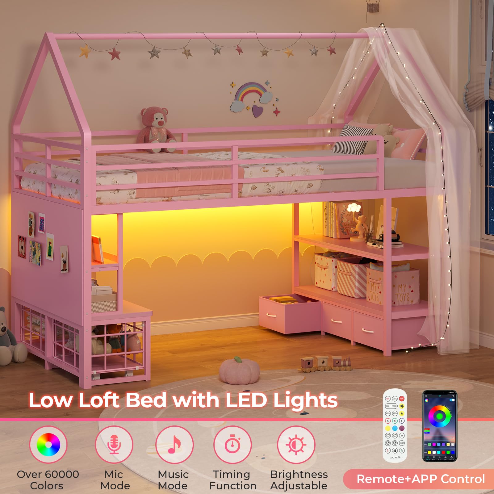 Twin Kids Loft Bed with Storage & LED Lights