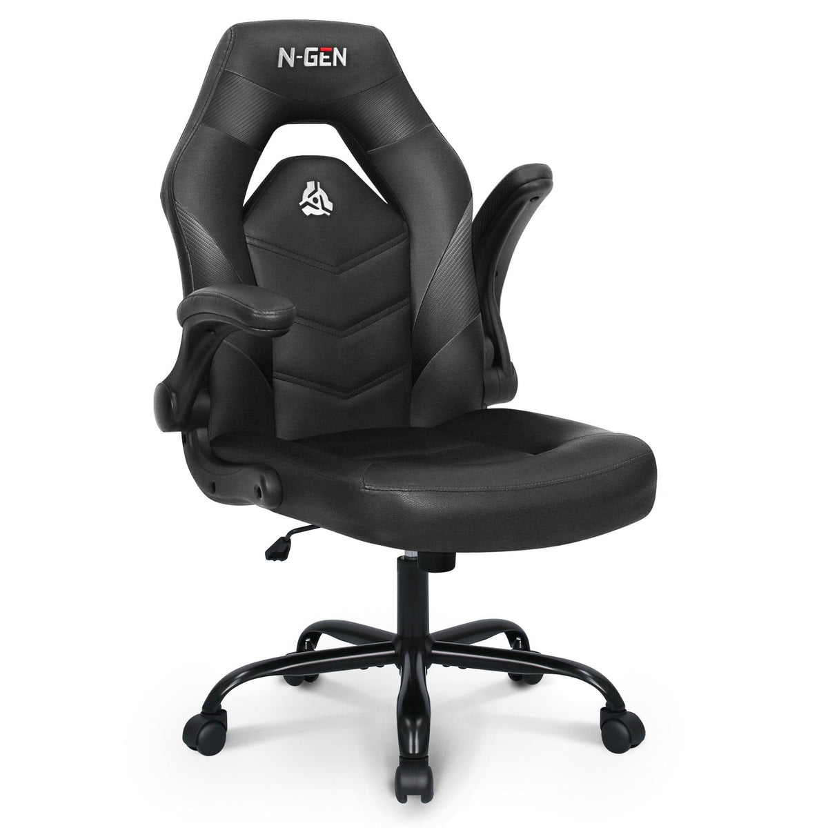 N-GEN GAMING Gaming Chair, Lumbar, PU Leather, Flip-Up Arms, Jet Black