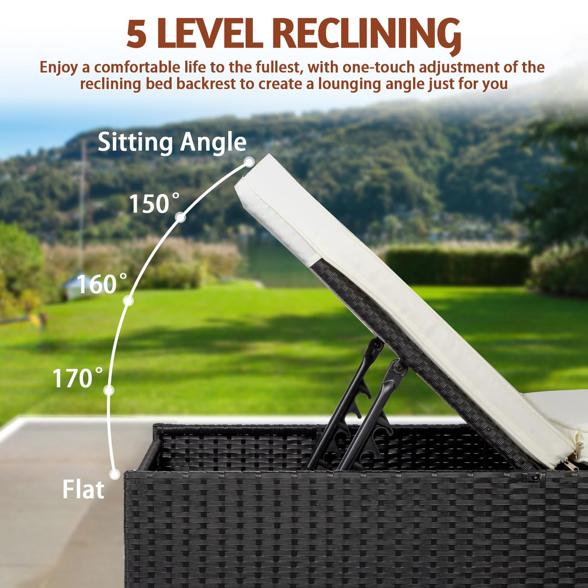 VINGLI Outdoor Chaise Lounge, Wicker Recliner w/Adjustable Backrest, Thick Water Repellent Cushions, Patio Rattan Lounge Chairs for Lawn, Beach, Balcony, Poolside (Black)