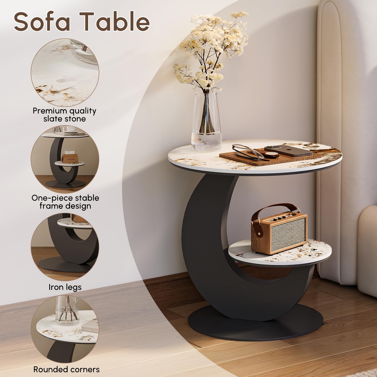 LOVEDIMA Modern Round End Table Faux Marble 2 Tiers Accent Side Table with Storage Shelf Snack Table Sofa Table for Couch Living Room (White & Gray)