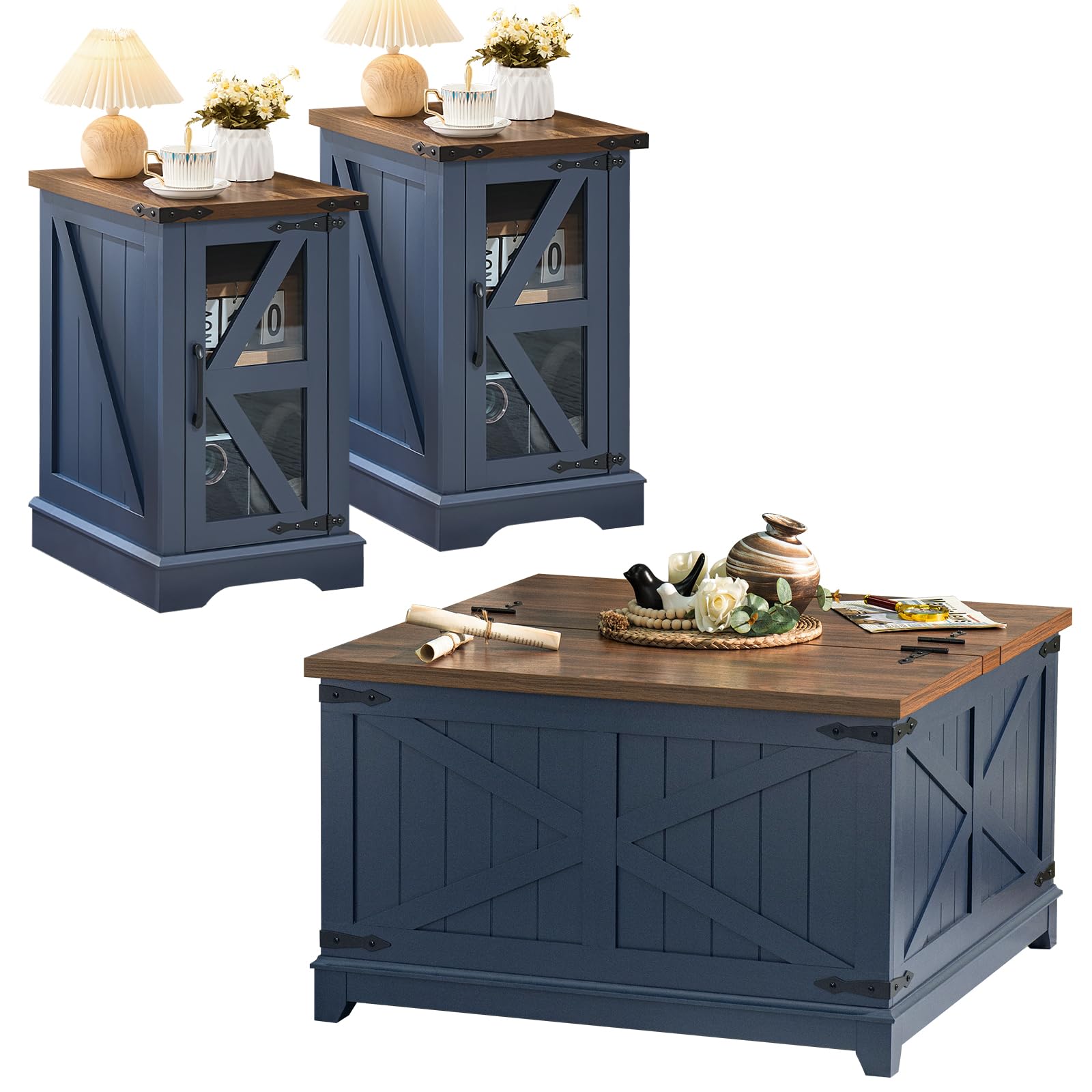 Joaxswe Farmhouse Coffee Table Set of 3, Narrow NightStands with Glass Barn Door Storage, Large Coffee Tables with Hidden Storage Organizer, Furniture Sets for Office, Living Room, Blue