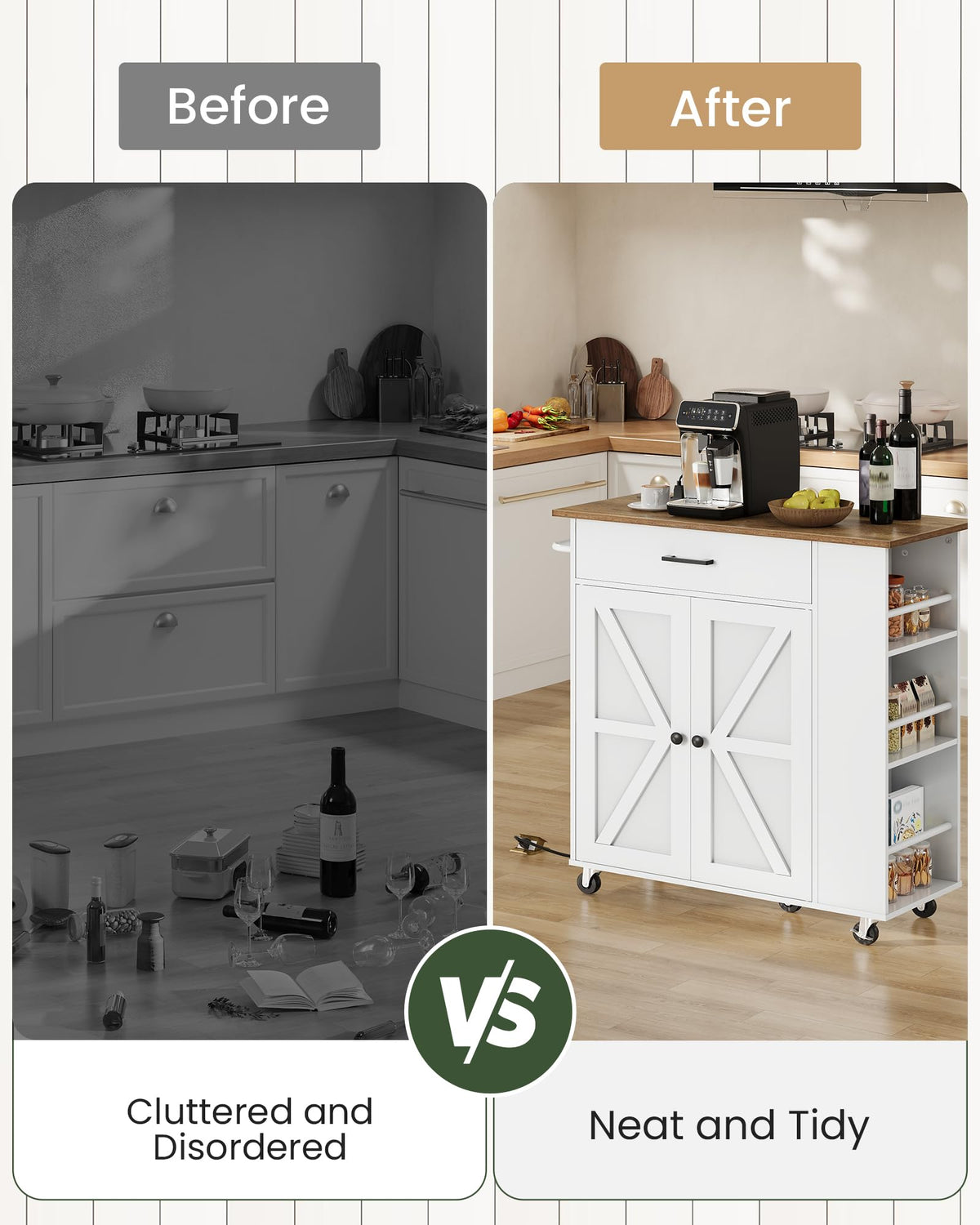 CHOEZON Kitchen Island Cart with Storage, Bar Cart with Charging Station, Kitchen Island on Wheels, Rolling Mobile Table with Cabinet, 3 AC Outlets, White and Walnut MZD04UWL