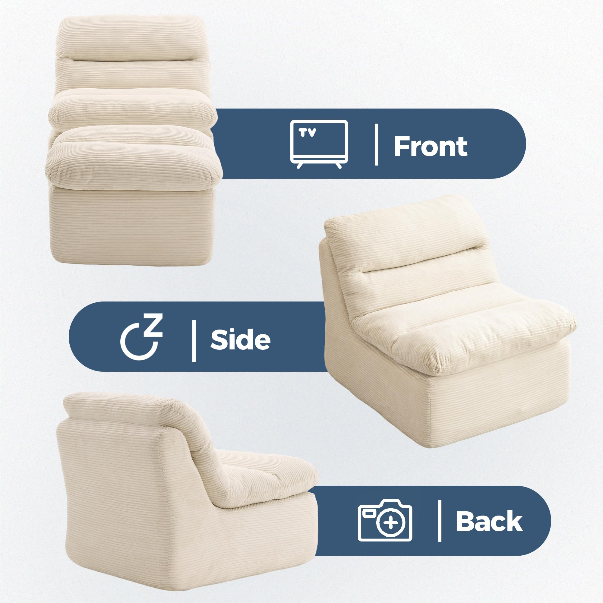 DRKAT 38" Bean Bag Chair with Ottoman, Big Corduroy Chaise Lounge Chairs for Adults, Tufted Upholstered Lazy Sofa for Living Room, Bedroom, Balcony, Beige