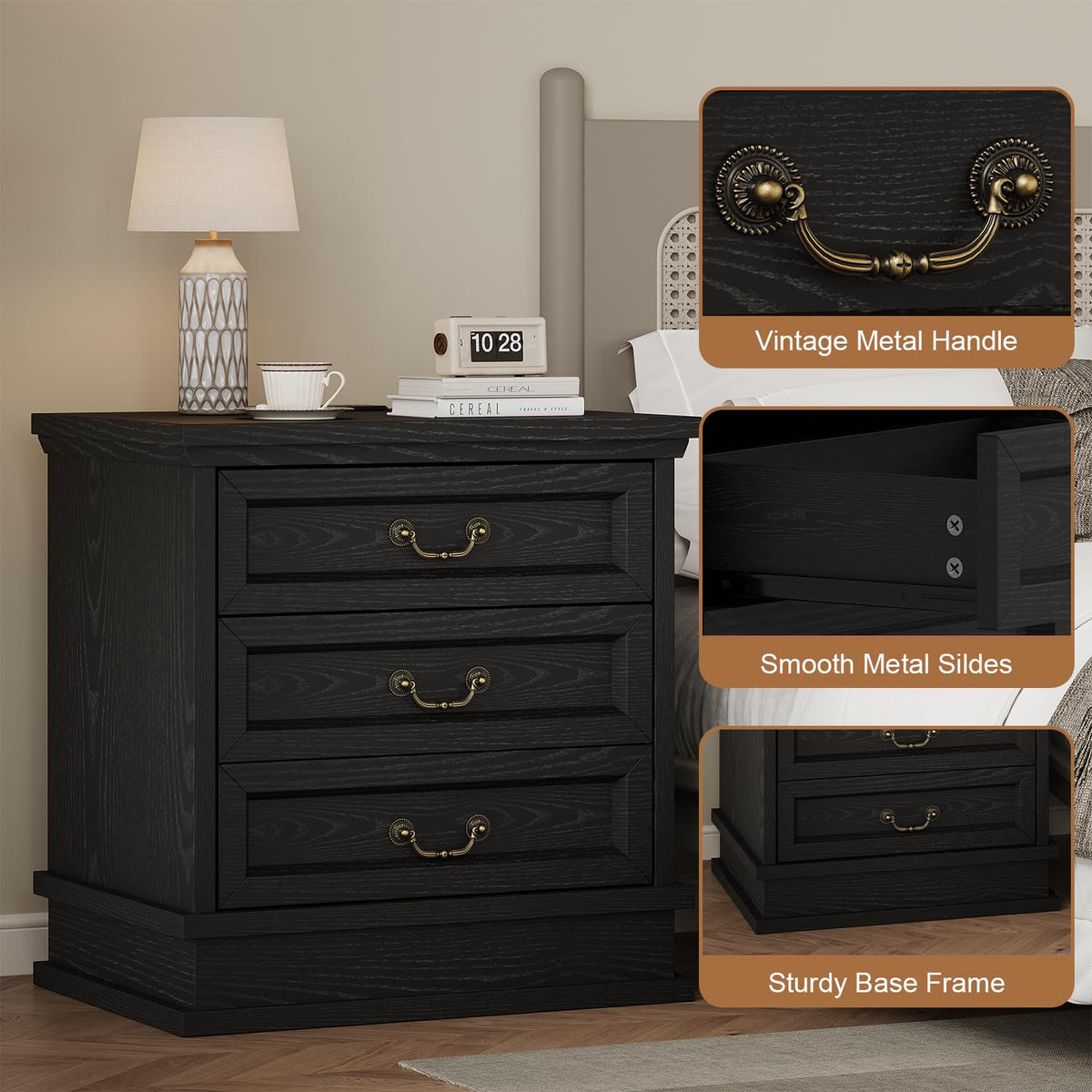 knoworld Nightstand with Charging Station, 3 Drawer Night Stand Set of 2